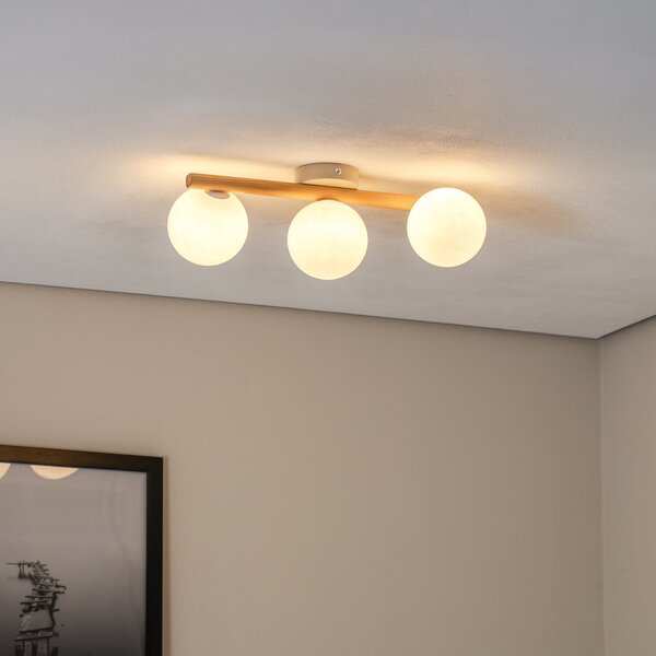 TK Lighting Plafonieră Estera, sticlă opală, lemn, trei flăcări, reglabil, Lemn, Camera de zi / sufragerie, Sticlă, glob