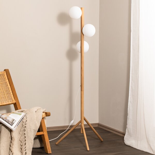 TK Lighting Lampa de podea Estera, sticlă opală, cadru din lemn, 132 cm, 3 becuri, Lemn, Camera de zi / sufragerie, Sticlă, glob
