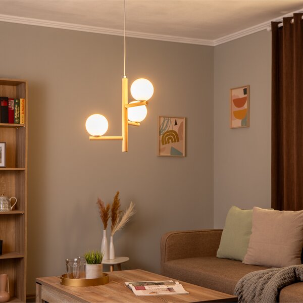 TK Lighting Lampă suspendată Estera, sticlă opală, lemn, trei lumini, reglabil, Lemn, Camera de zi / sufragerie, Sticlă, glob