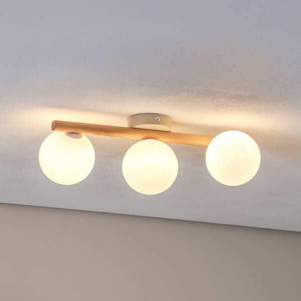 TK Lighting Plafonieră Estera, sticlă opală, lemn, trei flăcări, reglabil, Lemn, Camera de zi / sufragerie, Sticlă, glob