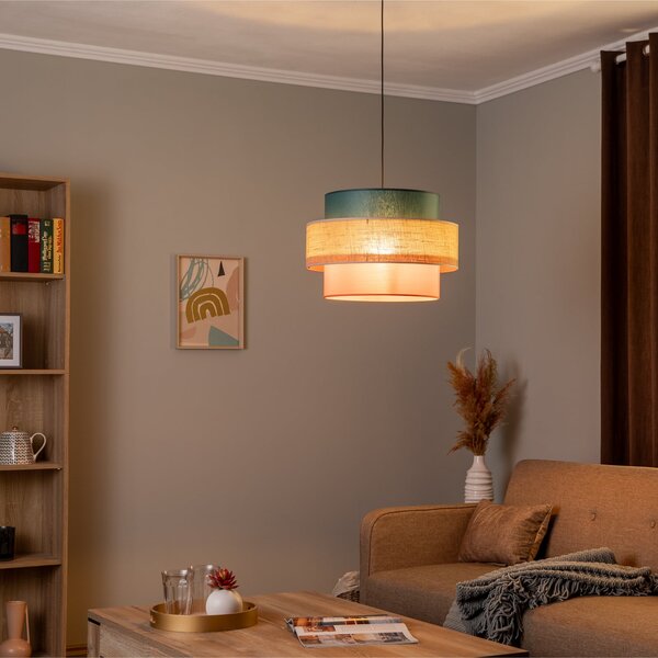 TK Lighting Lampă suspendată Trio, abajur din iută, petrol/maro/portocaliu natural Ø, reglabil, Multicolor, Camera de zi / sufragerie, Țesătură / Textil