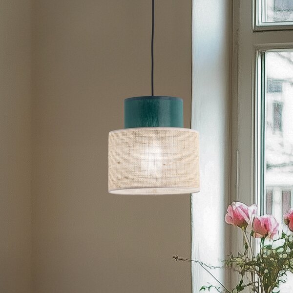 TK Lighting Lampă suspendată Duo, abajur din iută, petrol/maron natural, Ø 20 cm, reglabil, Bej, Camera de zi / sufragerie, Țesătură / Textil