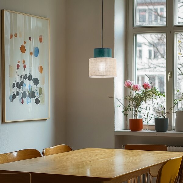 TK Lighting Lampă suspendată Duo, abajur din iută, petrol/maron natural, Ø 20 cm, reglabil, Bej, Camera de zi / sufragerie, Țesătură / Textil