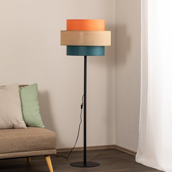 TK Lighting Lampă de podea Trio, abajur din iută, portocaliu/maron natural/petrol, Multicolor, Camera de zi / sufragerie, Țesătură / Textil