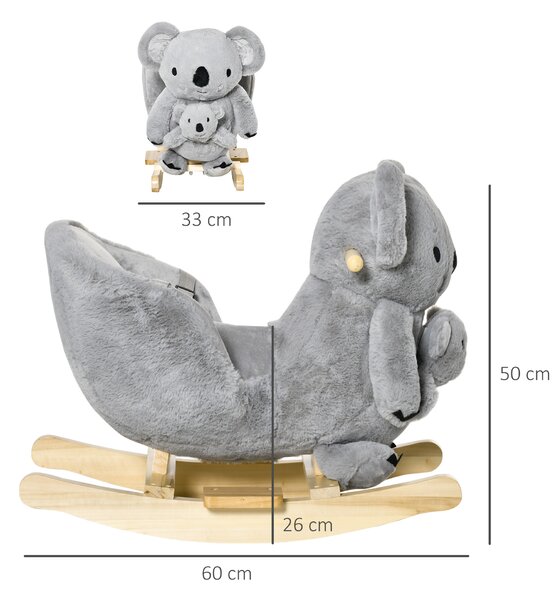 HOMCOM Koala Balansoar cu Sunete, Leagăn de Pluș și Lemn pentru Copii 18-36 Luni, Gri, 60x33x50cm | Aosom Romania