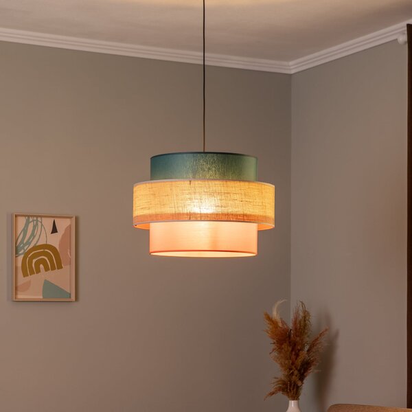 TK Lighting Lampă suspendată Trio, abajur din iută, petrol/maro/portocaliu natural Ø, reglabil, Multicolor, Camera de zi / sufragerie, Țesătură / Textil