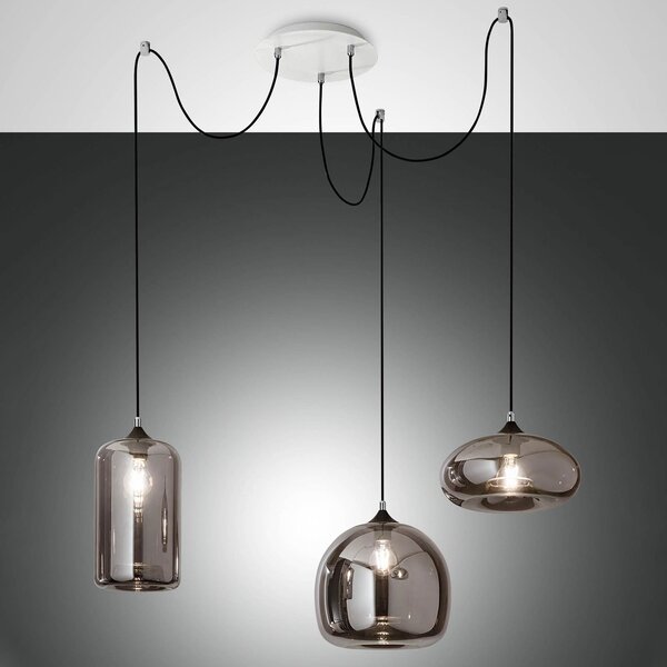 Fabas Luce Lampă suspendată Fiona, gri-transparent, 3 lumini, sticlă, reglabil, Gri, Camera de zi / sufragerie, Sticlă, Modern