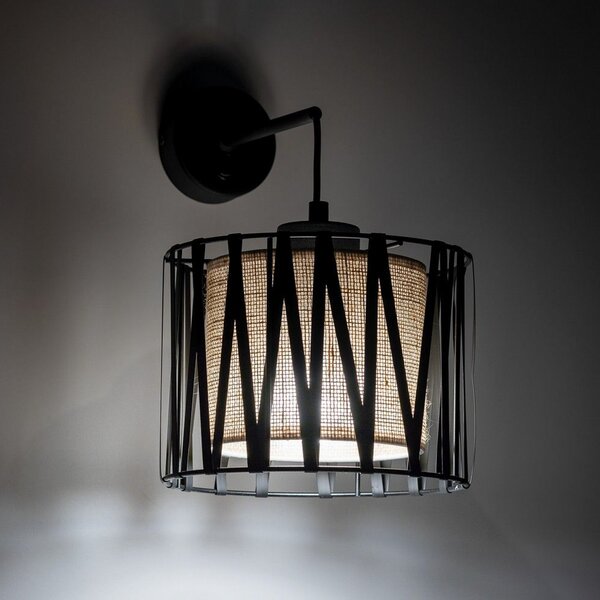 TK Lighting Aplică Harmony, negru, iută naturală, cu întrerupător, Negru, Camera de zi / sufragerie, Metal, Modern, Perete rotund
