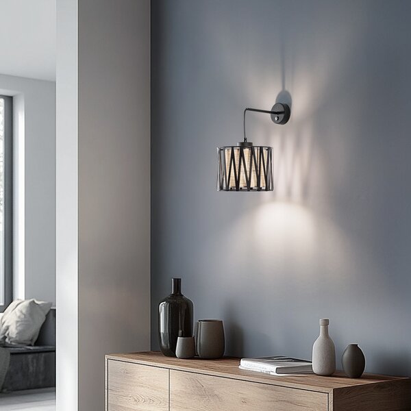 TK Lighting Aplică Harmony, negru, iută naturală, cu întrerupător, Negru, Camera de zi / sufragerie, Metal, Modern, Perete rotund