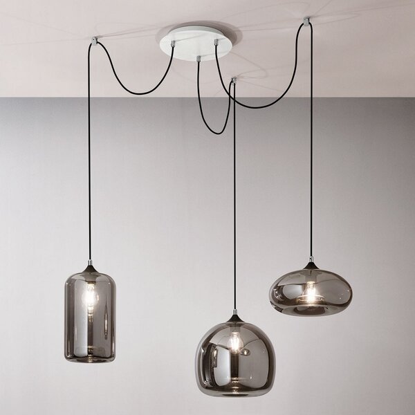 Fabas Luce Lampă suspendată Fiona, gri-transparent, 3 lumini, sticlă, reglabil, Gri, Camera de zi / sufragerie, Sticlă, Modern