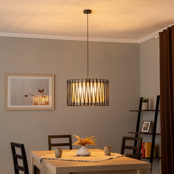 TK Lighting Suspensie Harmony, negru, iută naturală, Ø 50 cm, reglabil, Negru, Camera de zi / sufragerie, Metal, Modern
