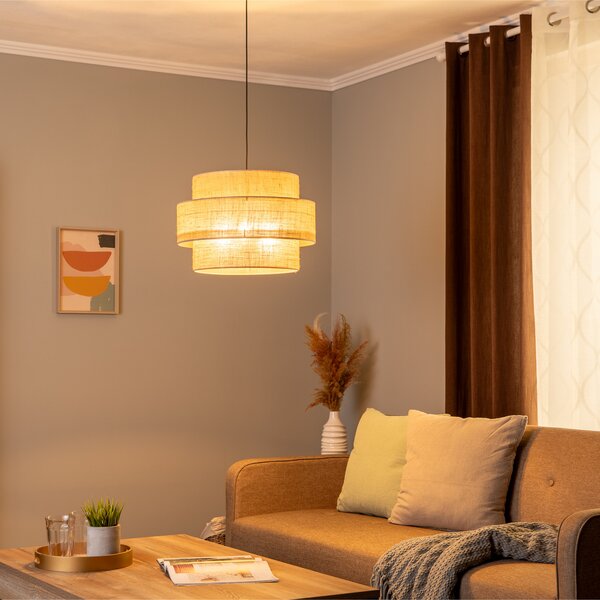TK Lighting Suspensie Calisto, iută, maro natural, 3 lumini, Ø 50 cm, reglabil, Maro / Rugină, Camera de zi / sufragerie, Țesătură / Textil