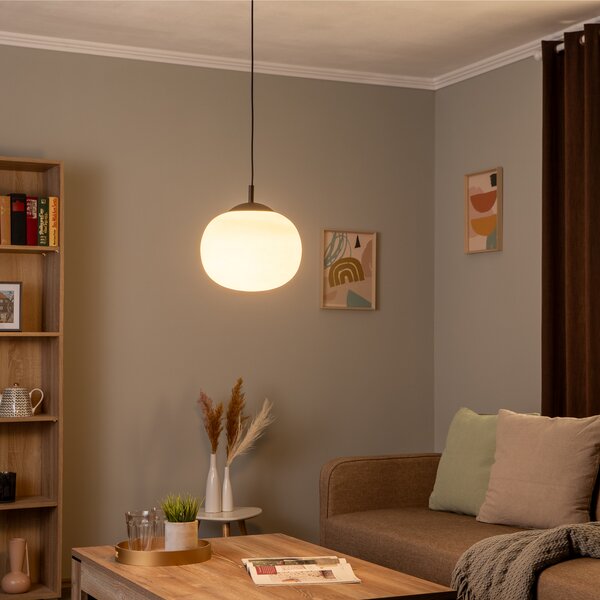 TK Lighting Lampă suspendată Vibe, sticlă albă opalină, Ø 30 cm, reglabil, Alb, Camera de zi / sufragerie, Sticlă, Modern