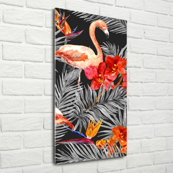 Tablou sticlă Flamingos și flori