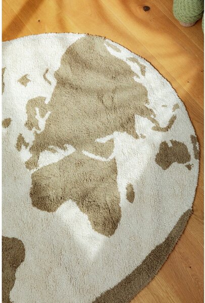 Covor pentru copii verde-crem lavabil, țesut manual din bumbac ø120 cm World Map – Lorena Canals