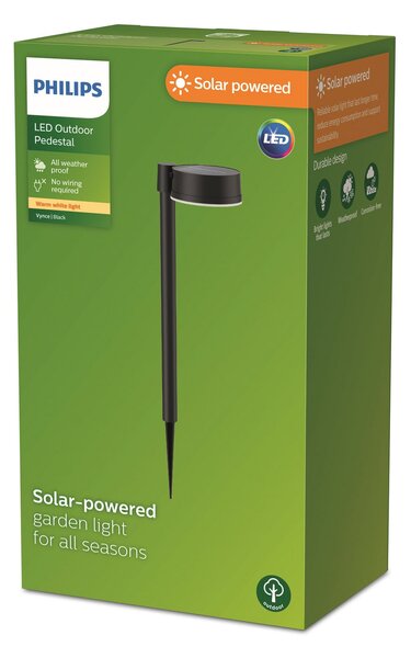 Philips Lumină solară cu LED-uri Vynce, Ø cap 11,2 cm, Negru, Plastic, Modern, Spot de exterior / vârf de pământ