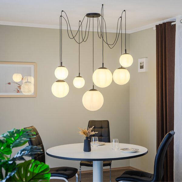 TK Lighting Suspensie Esme, sticlă opalină, șapte lumini, descentralizată, reglabil, Alb, Camera de zi / sufragerie, Sticlă, Modern, glob