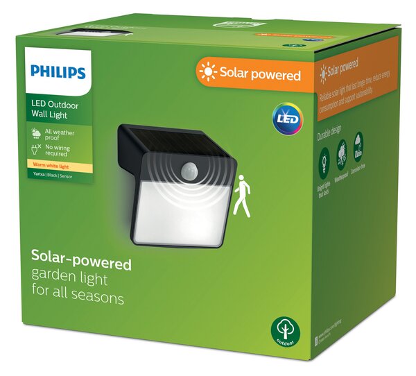 Philips LED-Solar aplică de perete Yarixa, senzor mișcare, Negru, Plastic, Modern