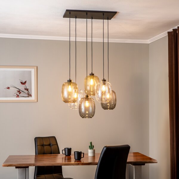 TK Lighting Lampă suspendată Elio, sticlă, maro/clară/gri, dreptunghiulară cu 6 lumini, reglabil, Transparent, Camera de zi / sufragerie, Sticlă, Modern