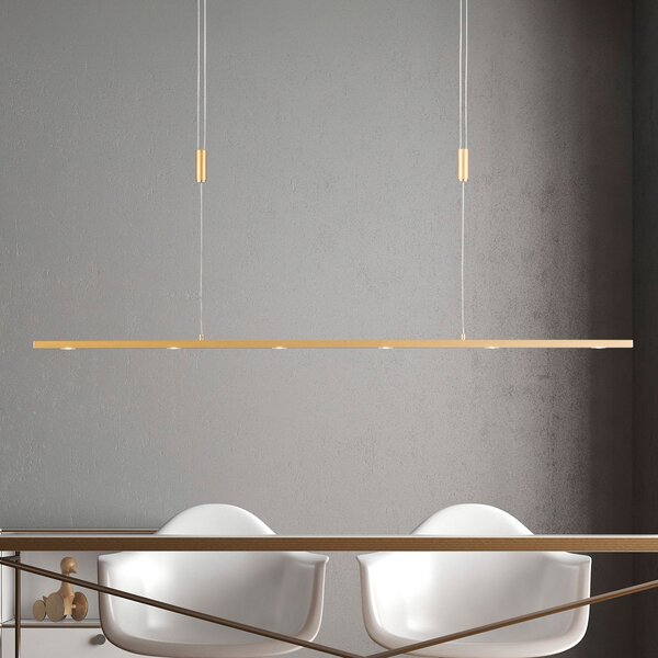Quitani Lampă suspendată LED Tolu, lungime 119 cm, alamă, reglabil, Auriu / Alamă, Camera de zi / sufragerie, Metal, Modern