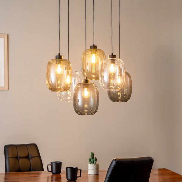 TK Lighting Lampă suspendată Elio, sticlă, maro/clară/gri, dreptunghiulară cu 6 lumini, reglabil, Transparent, Camera de zi / sufragerie, Sticlă, Modern