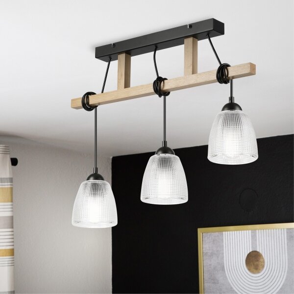 Lustră suspendată cu cablu LEANDRA, 3xE27/15W/230V, stejar/negru