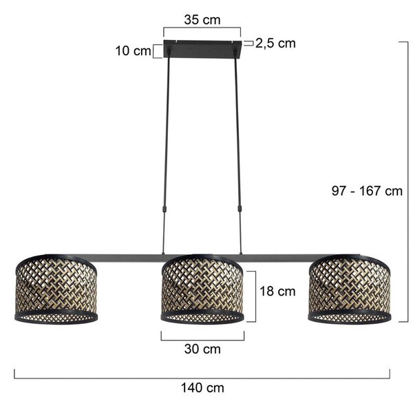 Steinhauer Suspensie Stang, negru/naturală din răchită, 3 lumini, reglabil, Negru, Camera de zi / sufragerie, Lemn