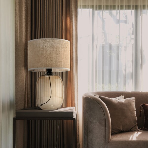TK Lighting Lampă de masă Melody, înălțime 48 cm, sticlă maro, iută naturală, Bej, Camera de zi / sufragerie, Sticlă
