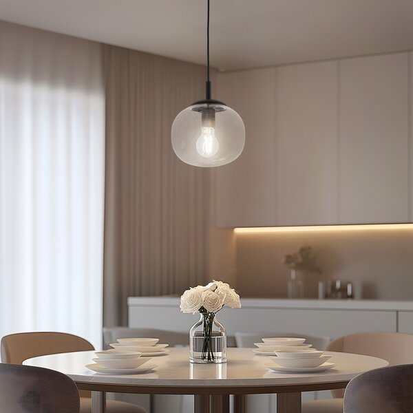 TK Lighting Lampă suspendată Vibe, sticlă transparentă, Ø 20 cm, reglabil, Transparent, Camera de zi / sufragerie, Sticlă, Modern