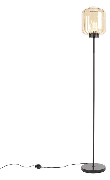 Lampa de podea de design neagră cu sticlă chihlimbar - Qara