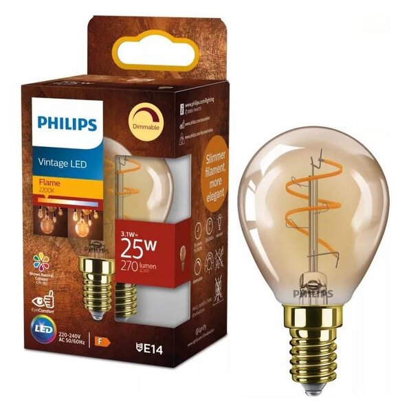 Bec LED dimabil VINTAGE Philips P45 E14, 3,1W, 230V, 2200K