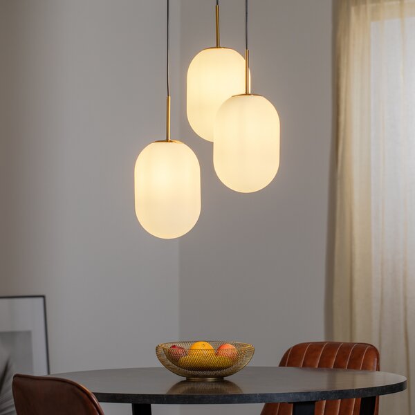 Eko-Light Lampă suspendată Alias, metal auriu sticlă opală, 3 becuri rotundă, reglabil, Alb, Camera de zi / sufragerie, Sticlă, Modern
