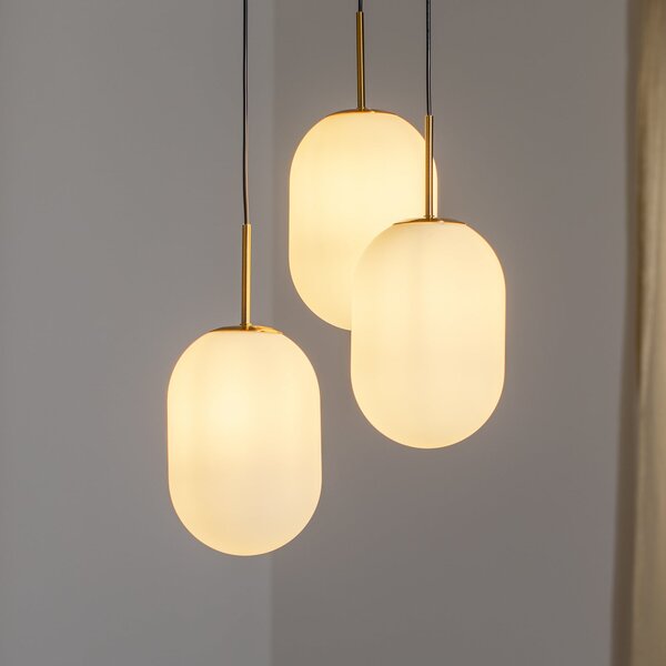 Eko-Light Lampă suspendată Alias, metal auriu sticlă opală, 3 becuri rotundă, reglabil, Alb, Camera de zi / sufragerie, Sticlă, Modern