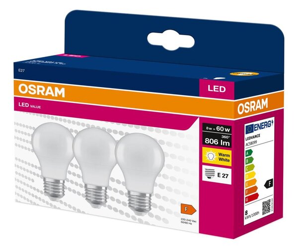 Set de 3 becuri LED A60, soclu E27, 8W, 230V, 3000K - Osram