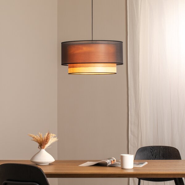 Euluna lampă suspendată Cedrik, organza neagră, furnir de frasin, reglabil, Negru, Camera de zi / sufragerie, Țesătură / Textil, Modern