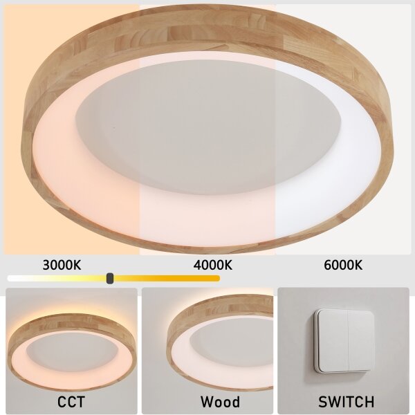 Plafonieră LED Brilagi-LED FALCON WOOD, 40W, 230V, 3 temperaturi de culoare (3000/4000/6000K), 60 cm, corp din lemn