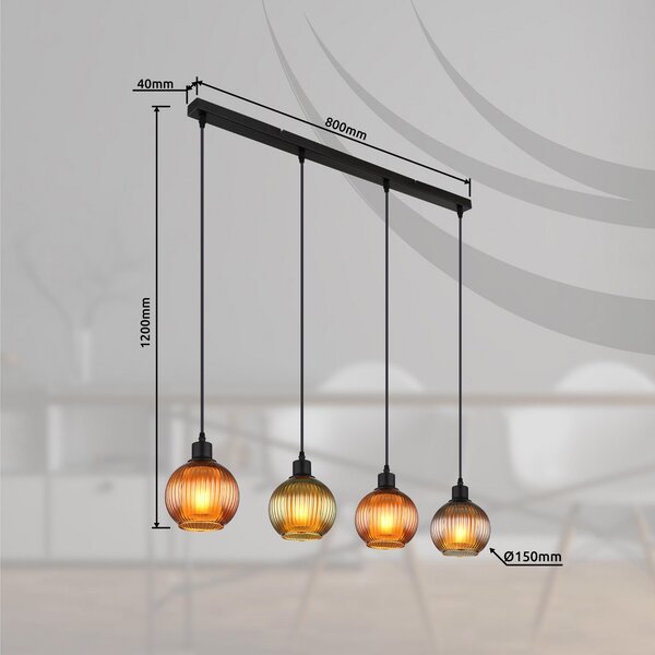 Globo Lampă suspendată Zumba, verde/bronz/petrol, 90 cm, 4 lumini, sticlă, reglabil, Multicolor, Camera de zi / sufragerie, Sticlă, Modern