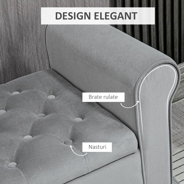 HOMCOM Bancă de Hol, Material Efect Catifea, Spațiu Depozitare, Cotiere Rulate, Design Modern, 126x48.5x57 cm, Gri | Aosom Romania
