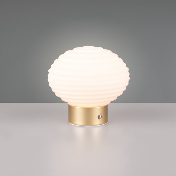Reality Leuchten Lampă de masă reîncărcabilă Earl LED, alamă/opal, înălțime 14,5 cm, sticlă, reglabil, Alb, Camera de zi / sufragerie, Sticlă, Modern