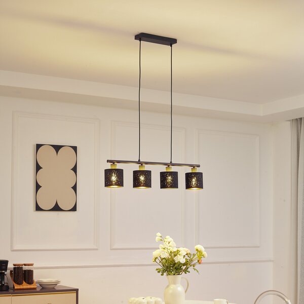 Lindby lampă suspendată Vasilia, 75 cm, negru / auriu, țesătură, reglabil, Negru, Camera de zi / sufragerie, Țesătură / Textil, Modern