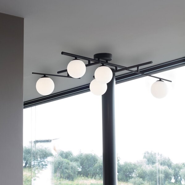 IDEAL LUX Plafonieră Ideal Lux Atlas negru, sticlă metalică cu 5 lumini, Negru, Camera de zi / sufragerie, Metal, Modern, glob