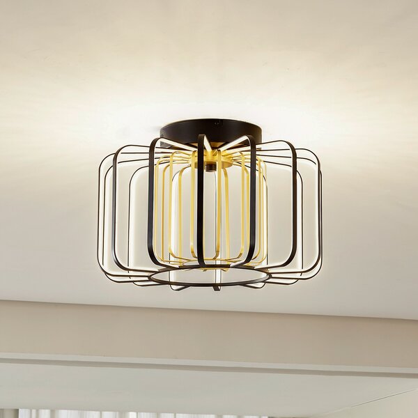 Lucande LED plafonieră Birger, Ø 39.5cm, negru/galben, reglabil, Negru, Camera de zi / sufragerie, Metal, Modern