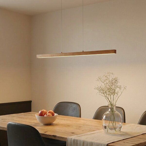 Lucande Lampă suspendată LED Nihalo, lemn, 122 cm, dimabil, CCT, reglabil, Lemn, Camera de zi / sufragerie, Lemn, Modern