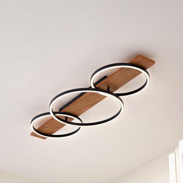 Lindby plafonieră LED Galad, negru, lemn, 3 becuri, 98 cm, reglabil, Lemn, Camera de zi / sufragerie, Lemn, Modern, Plafon rotund direct