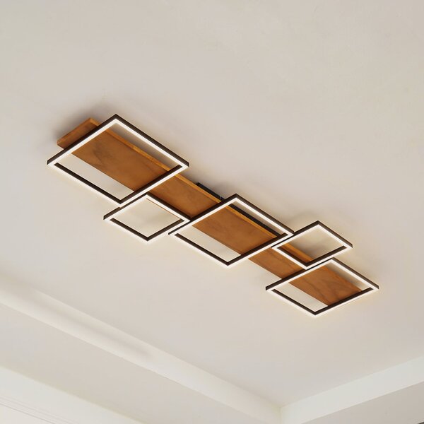 Lindby plafonieră LED Galad, negru, lemn, 5 becuri, 140 cm, reglabil, Lemn, Camera de zi / sufragerie, Lemn, Modern, Plafon unghiular direct