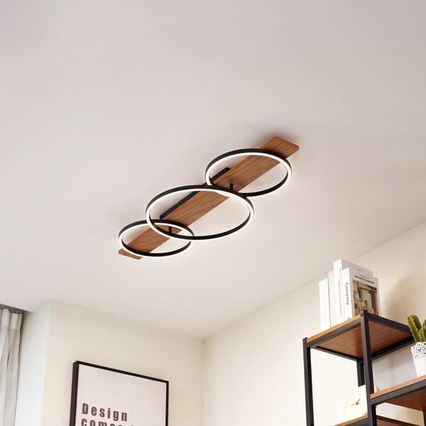 Lindby plafonieră LED Galad, negru, lemn, 3 becuri, 98 cm, reglabil, Lemn, Camera de zi / sufragerie, Lemn, Modern, Plafon rotund direct