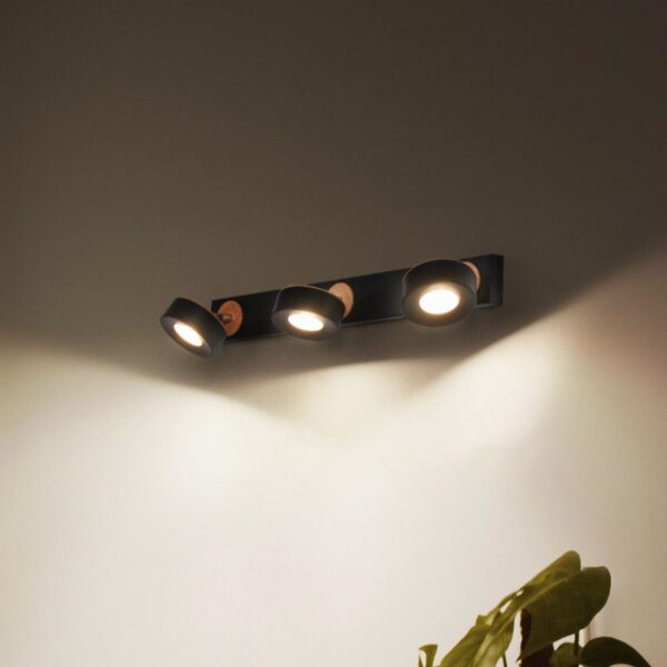 LEDVANCE LED spot de tavan Pluto, oțel, lemn, 3 lumini, negru, Negru, Camera de zi / sufragerie, Metal