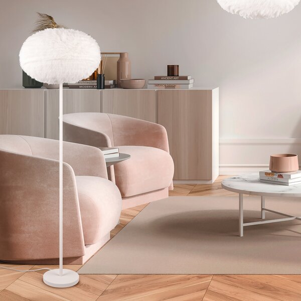 Reality Leuchten Lampă de podea cu blană, înălțime 154 cm, culoare nisip, pluș sintetic, Bej, Camera de zi / sufragerie, Țesătură / Textil, Modern