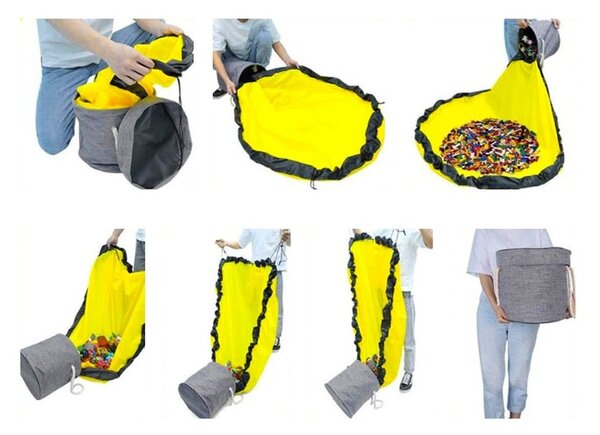 Cos depozitare jucarii, 2 in 1, covoras inclus, manere transport, impermeabil, 20L, 31x27cm, gri