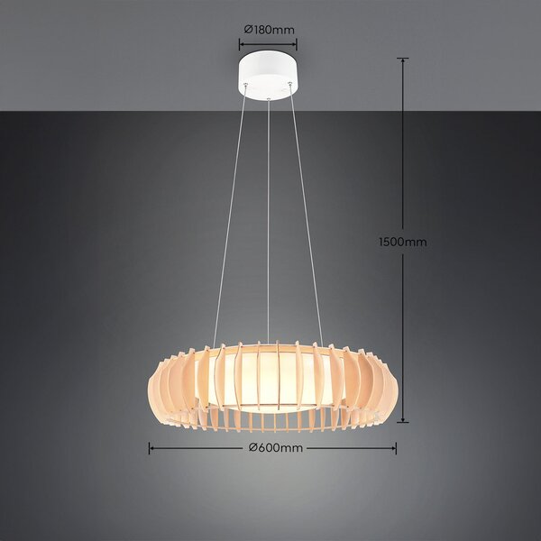 Reality Leuchten Monte LED lampă suspendată, Ø 60 cm, lemn deschis, lemn, CCT, reglabil, Lemn, Camera de zi / sufragerie, Lemn, Scandinavă
